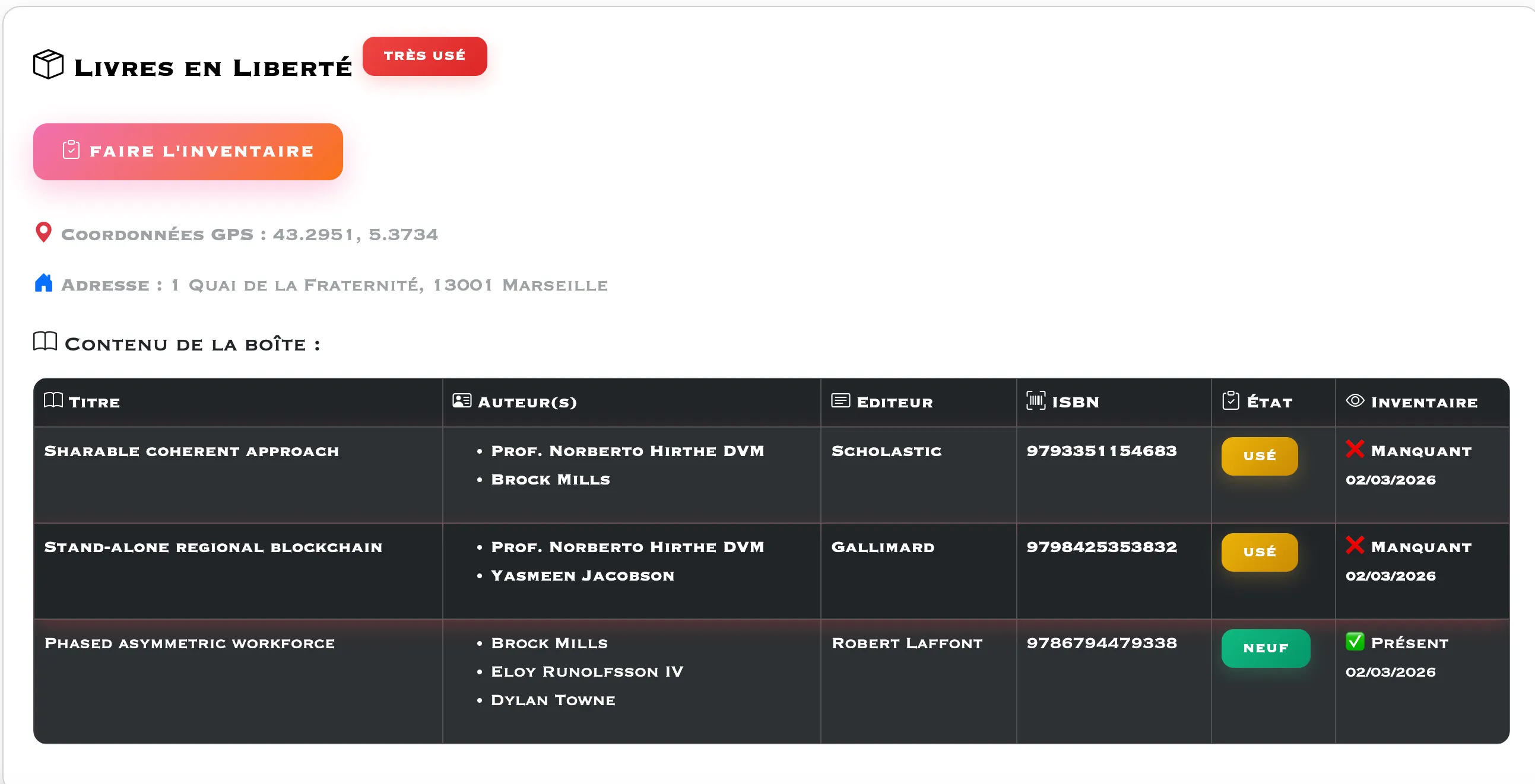 Contenu d'une boîte