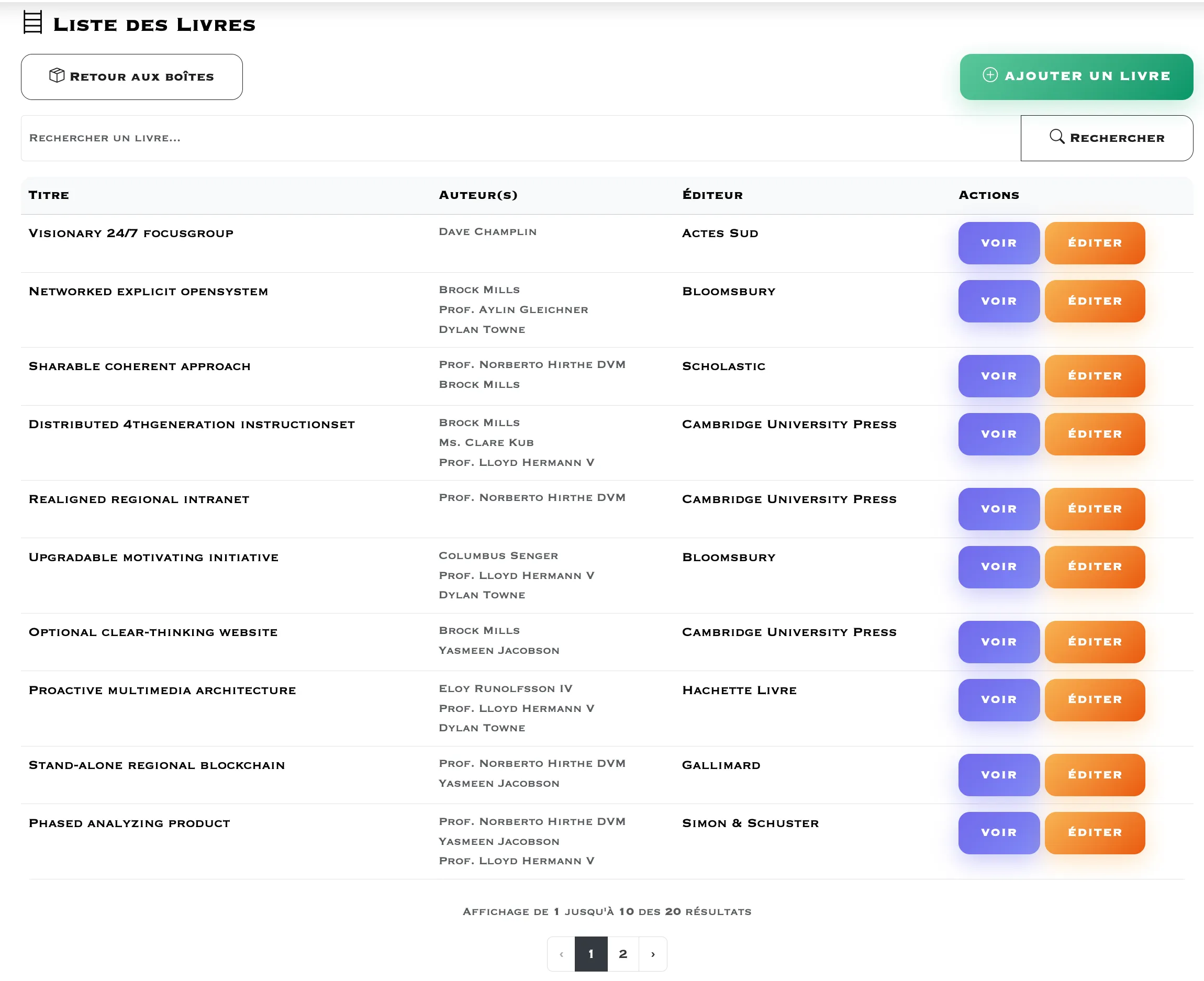 Tableau de gestion des livres